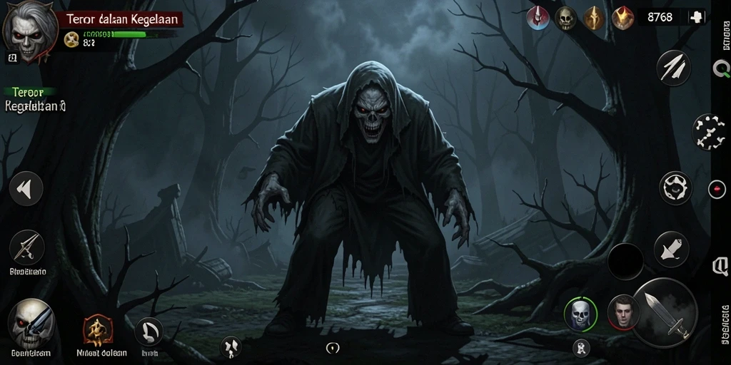 Screenshot gameplay <strong>8768</strong> menampilkan suasana horor yang mendalam.