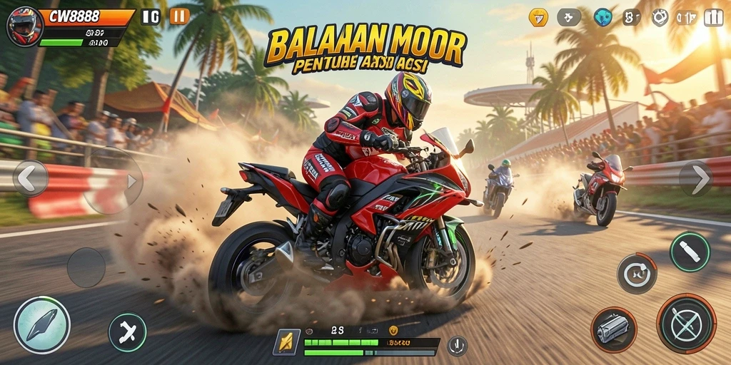 Screenshot gameplay CW8888 menunjukkan aksi balapan motor yang mendebarkan.