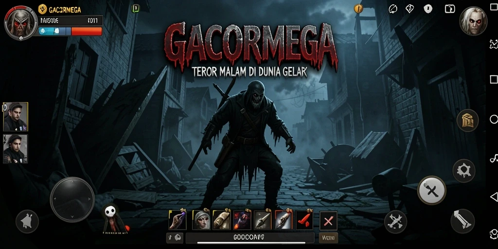 Screenshot gameplay GACORMEGA dengan suasana menakutkan dan karakter menyeramkan.