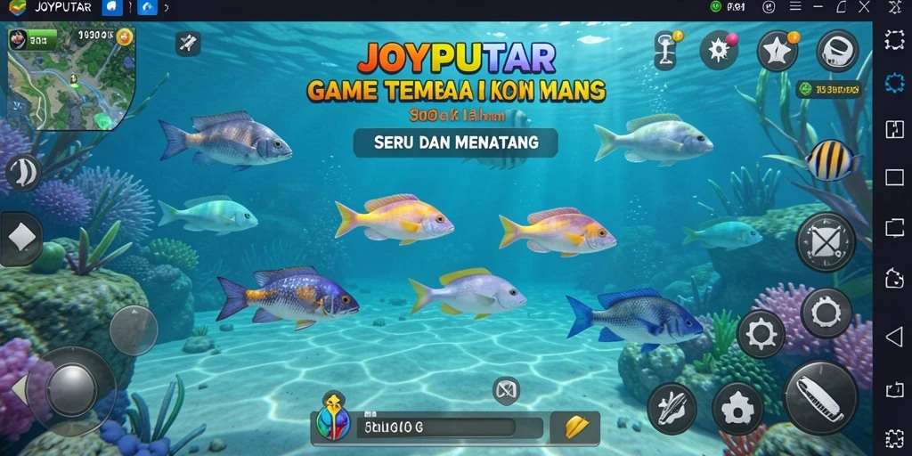 Tampilan gameplay menarik dari JOYPUTAR dengan berbagai ikan yang dapat ditangkap.