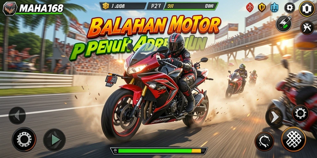 Gameplay mendebarkan di lintasan balapan motor MAHA168.