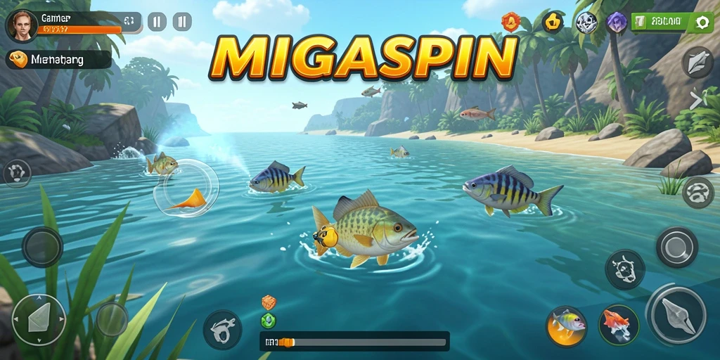 Tampilan gameplay MIGASPIN yang seru saat memancing ikan.