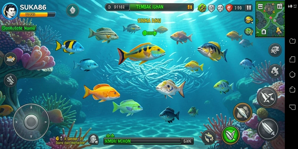 Tampilan gameplay SUKA86 dengan ikan yang beragam dan aksi menembak seru.